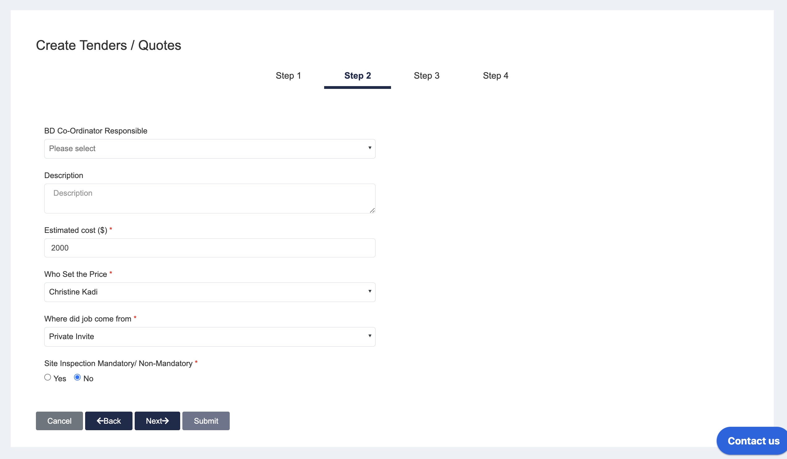 Tender:Quote Step 2